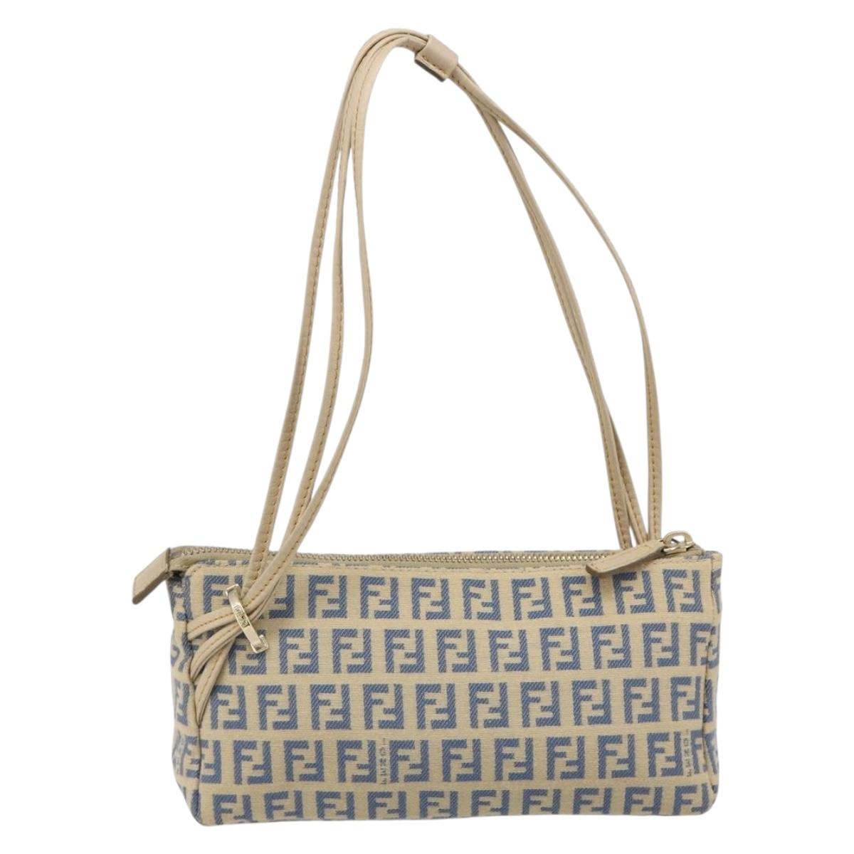 FENDI Zucchino Canvas Pouch Blue Gold Auth 187202