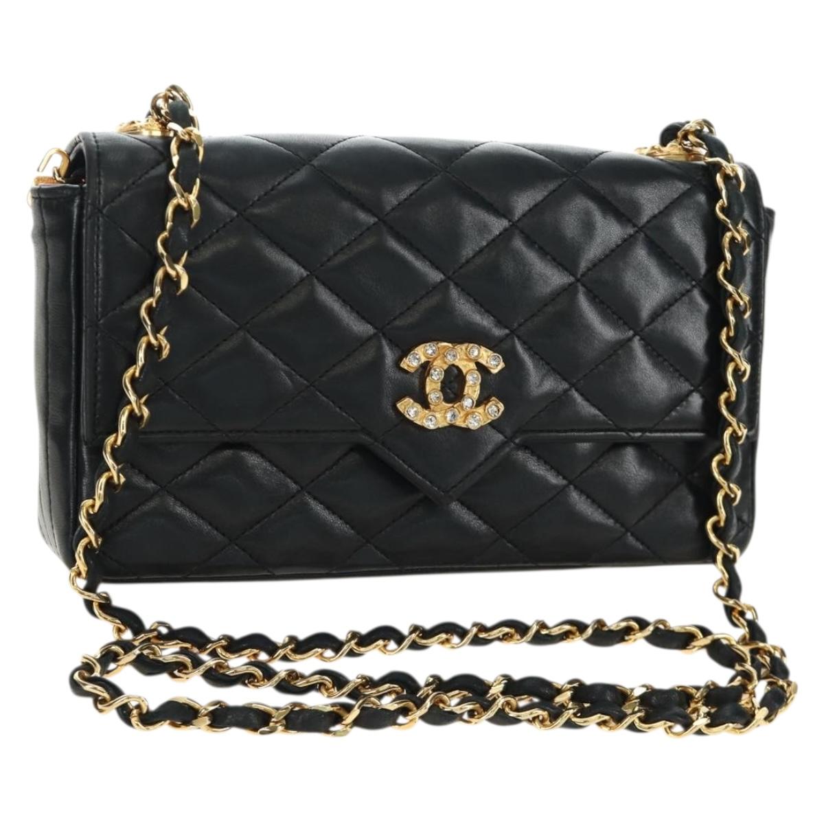 CHANEL Chain Matelasse Shoulder Bag Lamb Skin Black Gold CC Auth 187203SAV