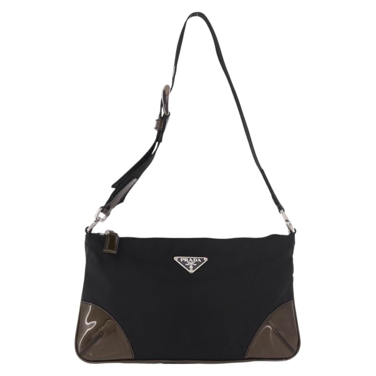 PRADA Shoulder Bag Nylon Silver Black Auth 187204A