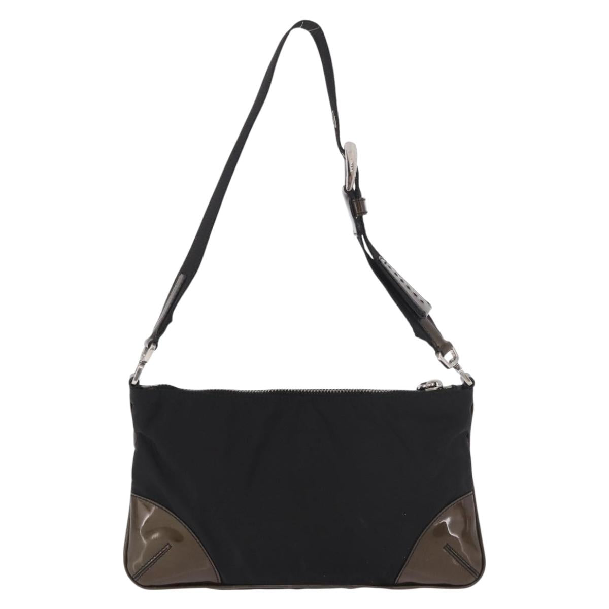 PRADA Shoulder Bag Nylon Silver Black Auth 187204A