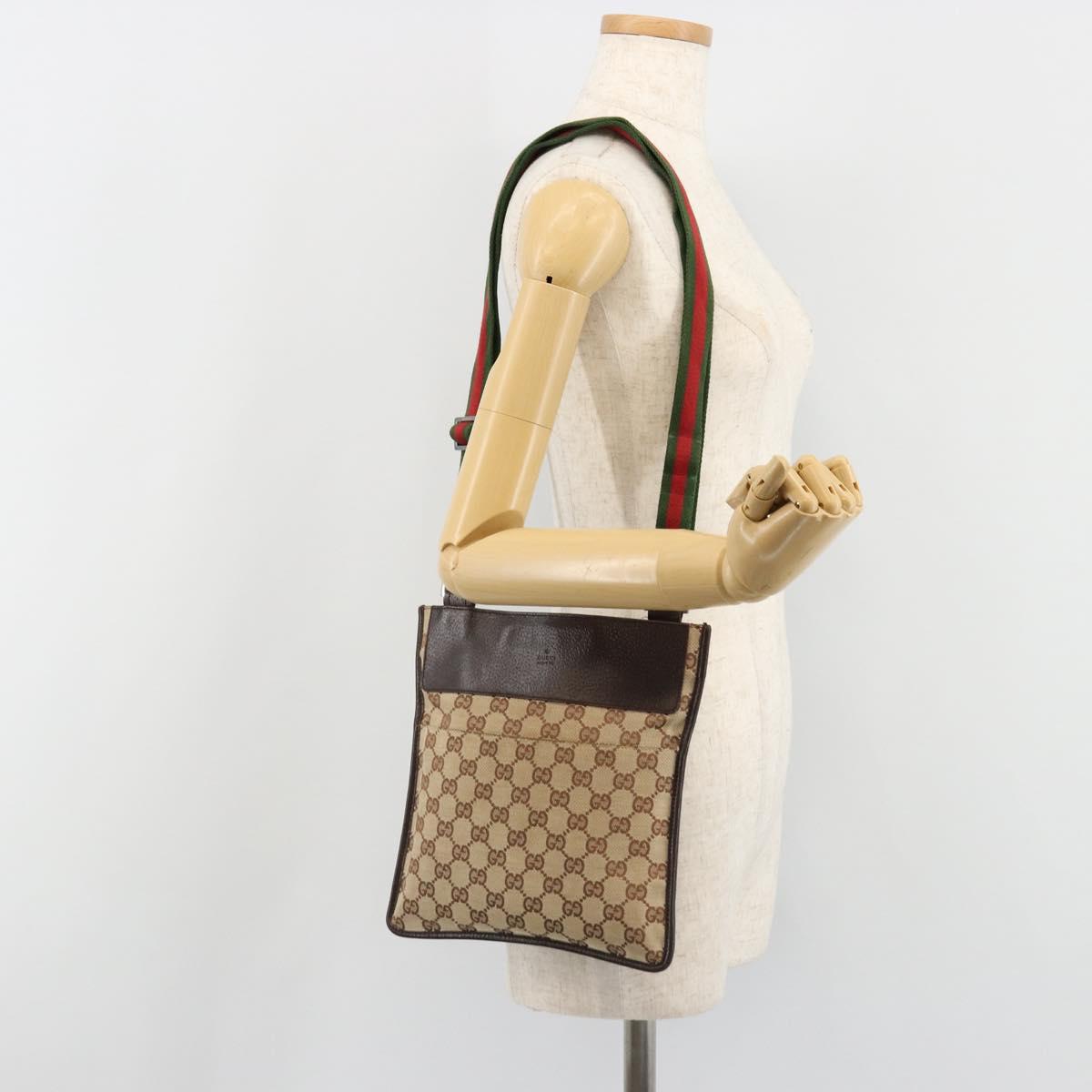 GUCCI GG Canvas Web Sherry Line Shoulder Bag Beige Red Green 27639 Auth 187207A