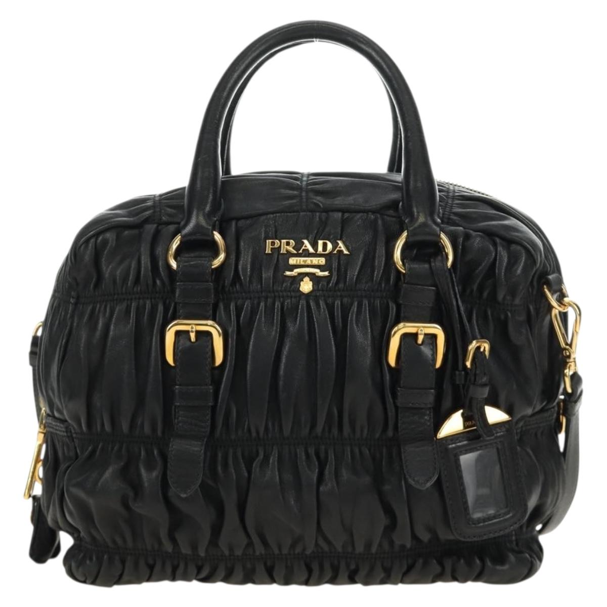 PRADA Gathered Hand Bag Leather 2way Black Gold Auth 187209SAV