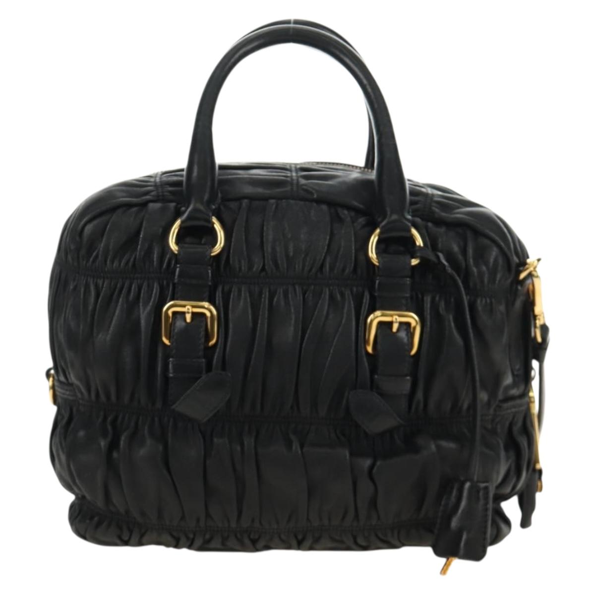 PRADA Gathered Hand Bag Leather 2way Black Gold Auth 187209SAV