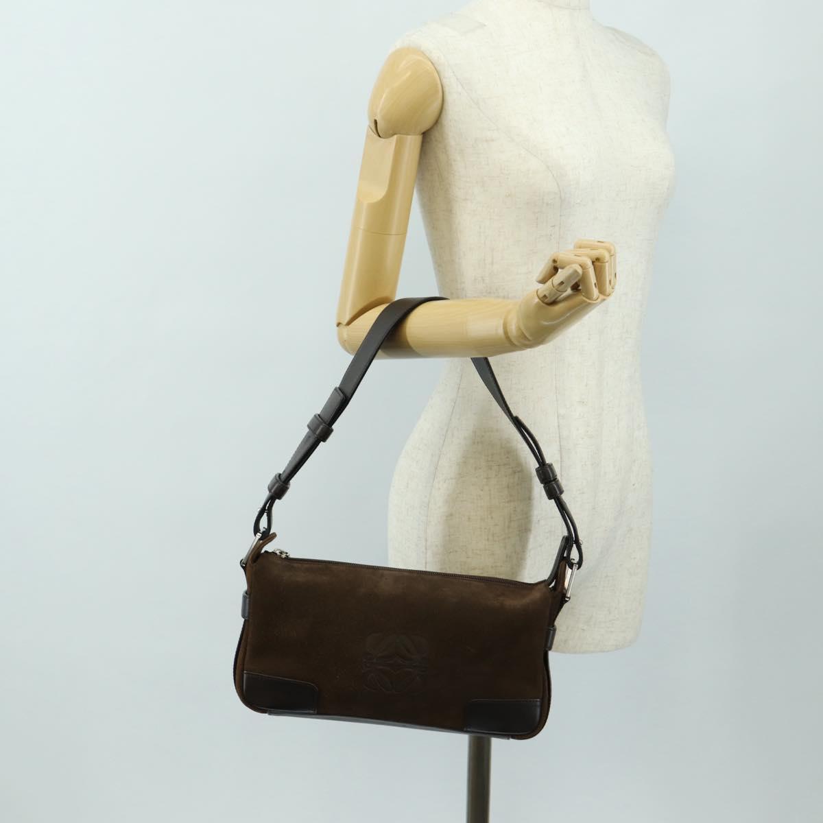 LOEWE Anagram Shoulder Bag Suede Leather Brown Silver Auth 187211SAV