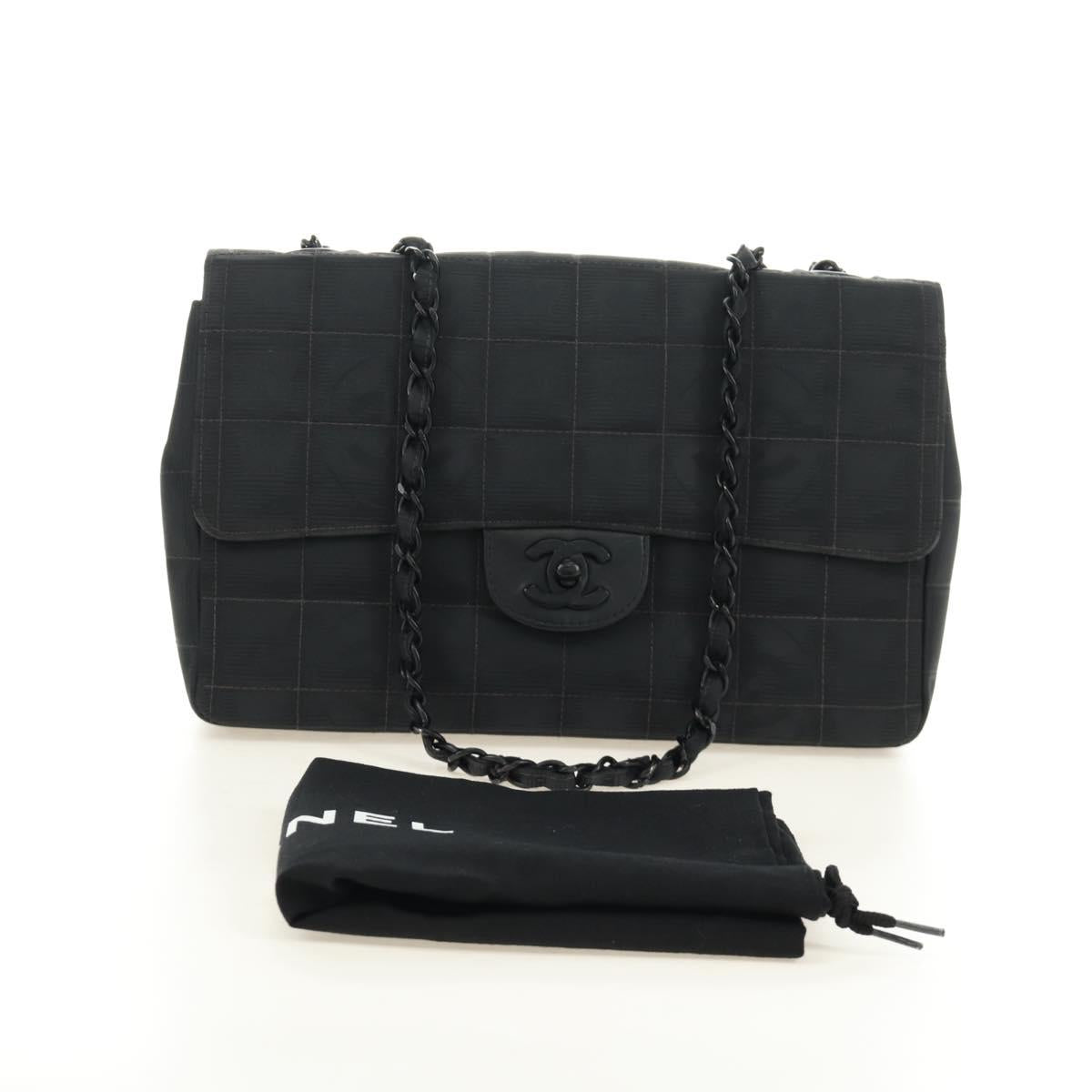 CHANEL Choco Bar Chain New Travel Line Bag Canvas Black CC Auth 187224SAV