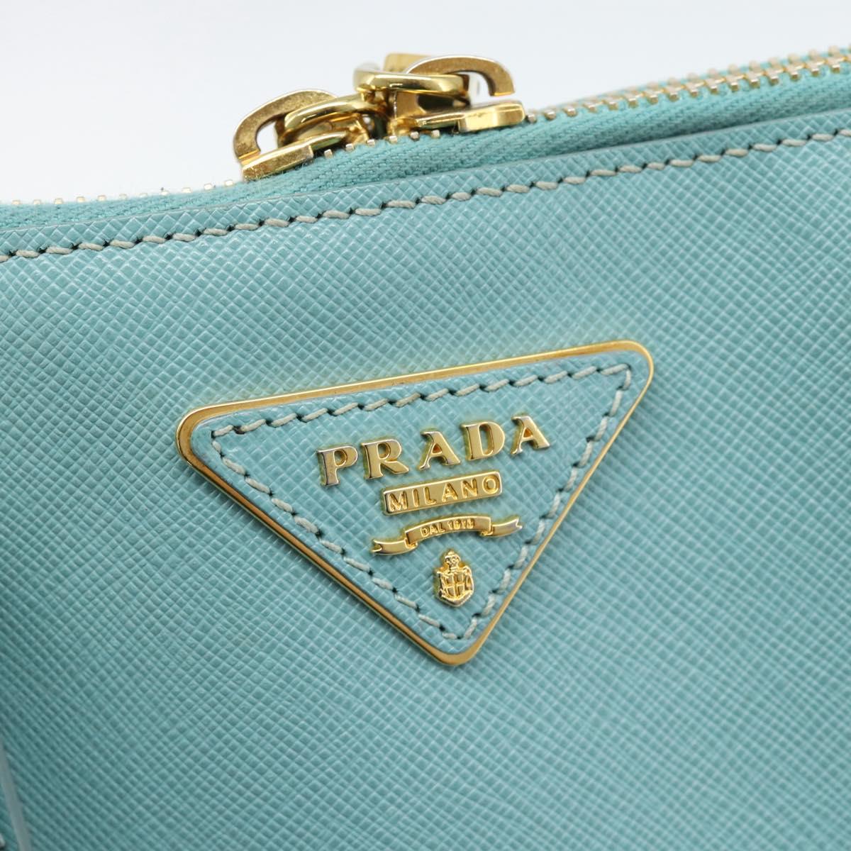 PRADA Hand Bag Safiano Leather 2way Turquoise Blue Gold Auth 187253V