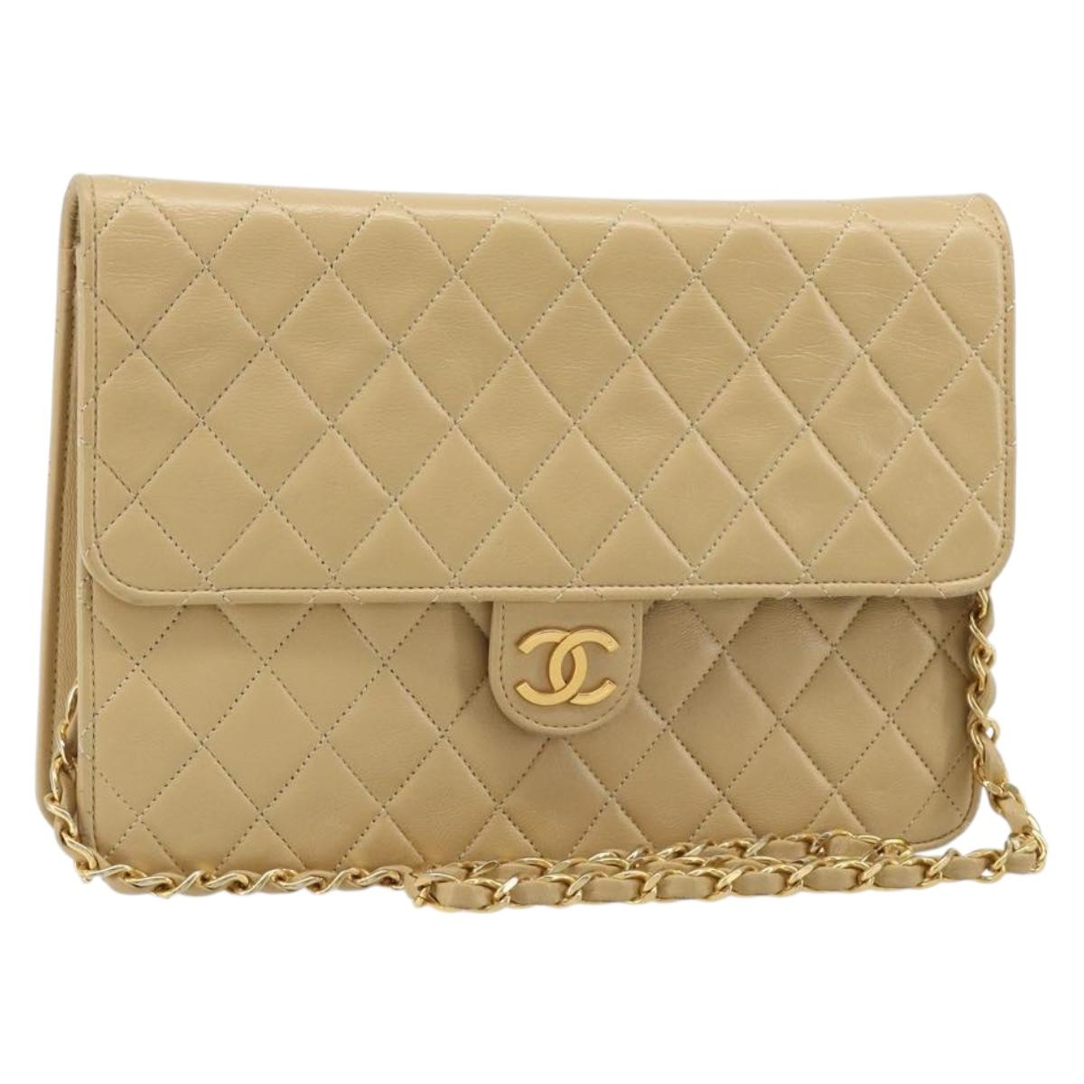 CHANEL Matelasse Chain Shoulder Bag Lamb Skin Beige Gold CC Auth 187257