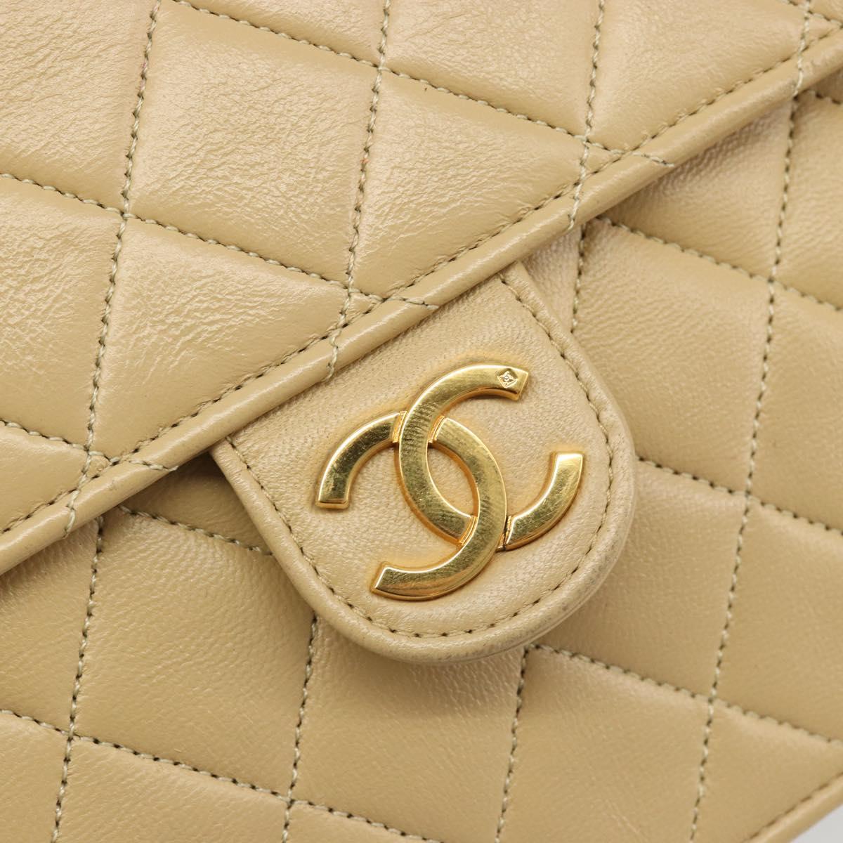 CHANEL Matelasse Chain Shoulder Bag Lamb Skin Beige Gold CC Auth 187257
