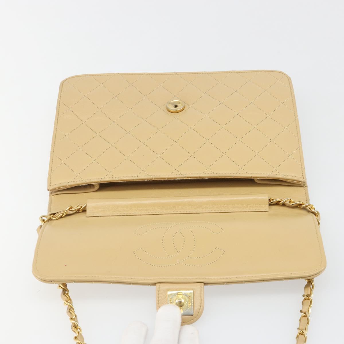 CHANEL Matelasse Chain Shoulder Bag Lamb Skin Beige Gold CC Auth 187257