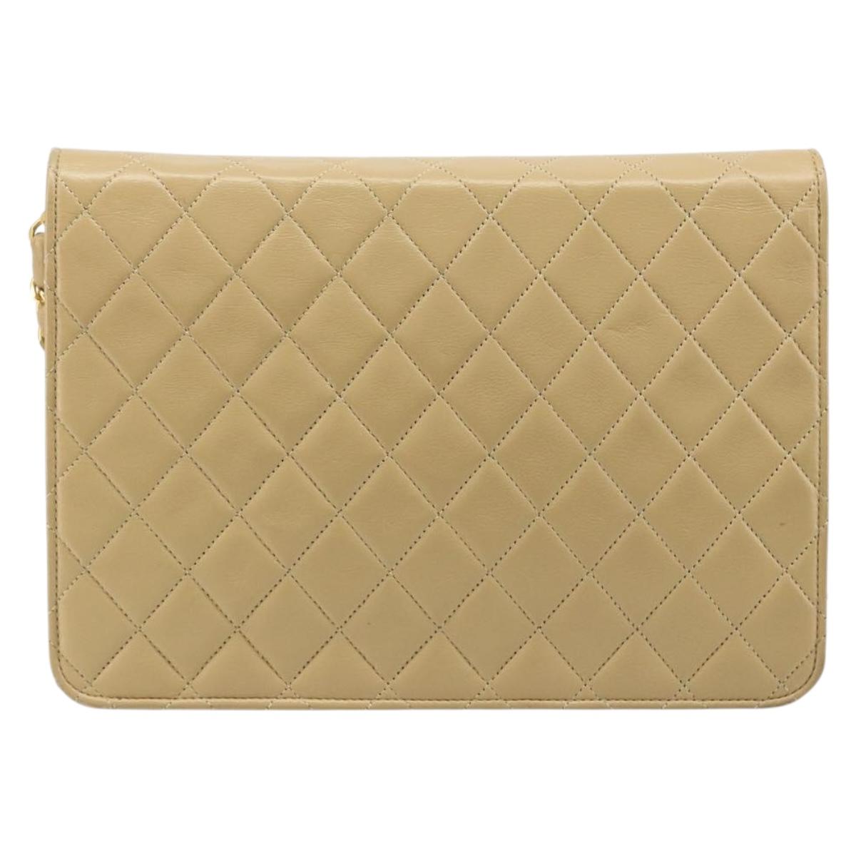 CHANEL Matelasse Chain Shoulder Bag Lamb Skin Beige Gold CC Auth 187257