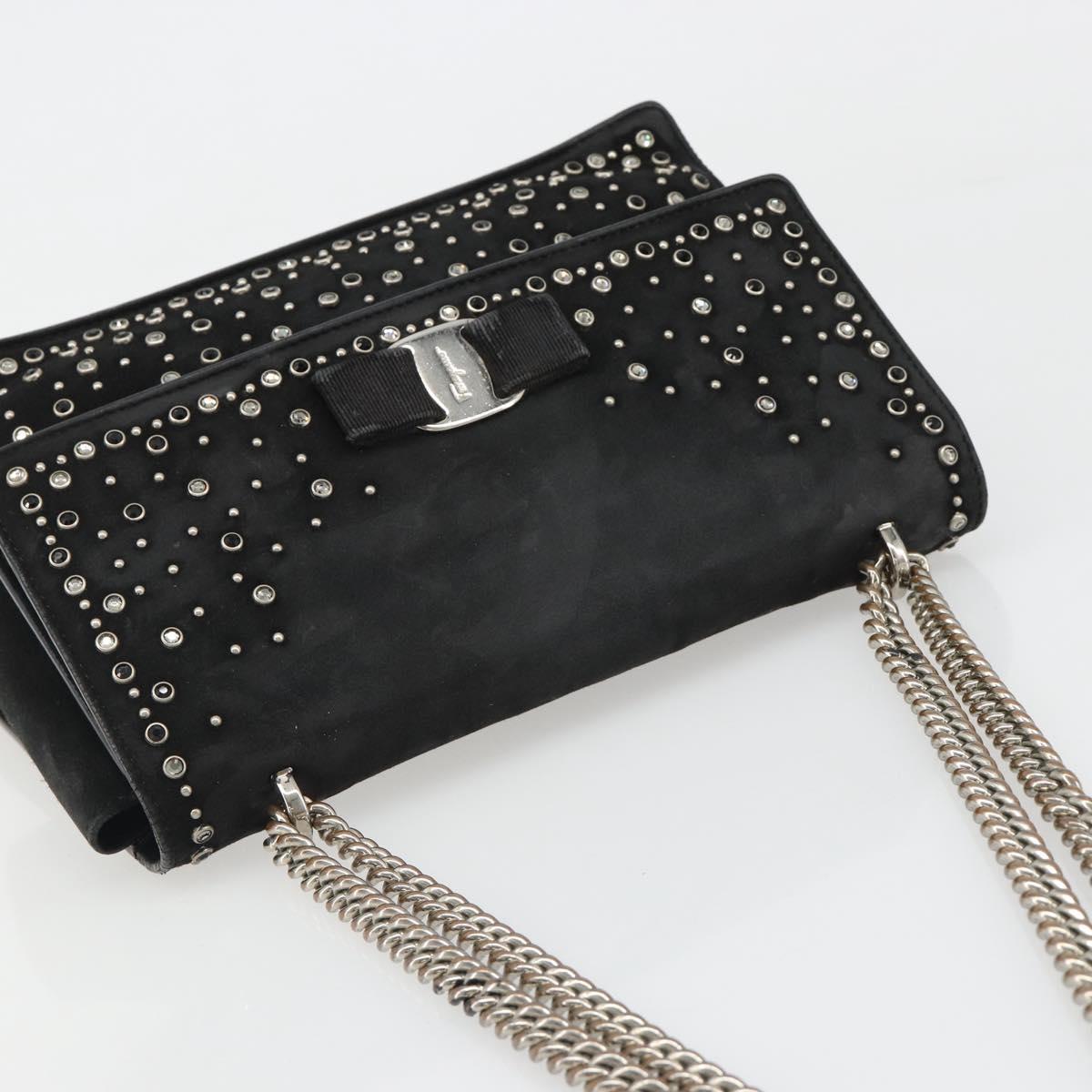 Salvatore Ferragamo Vala Chain Shoulder Bag Suede Black Silver Auth 187258A