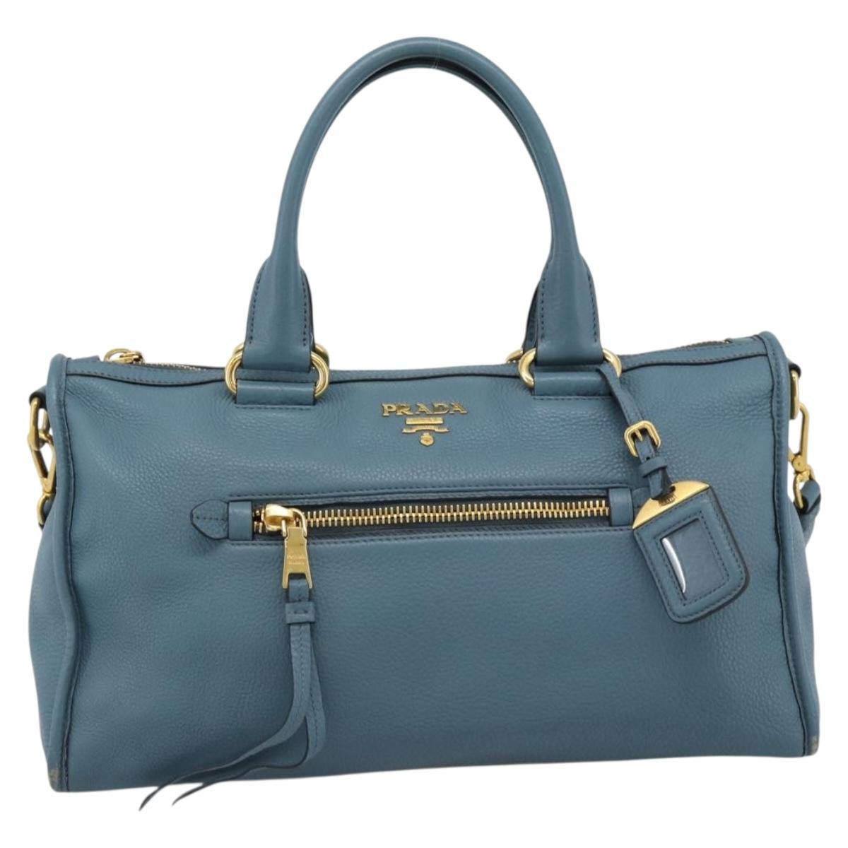 PRADA Hand Bag Vittero Dino Leather 2way Blue Gold Auth 187263V