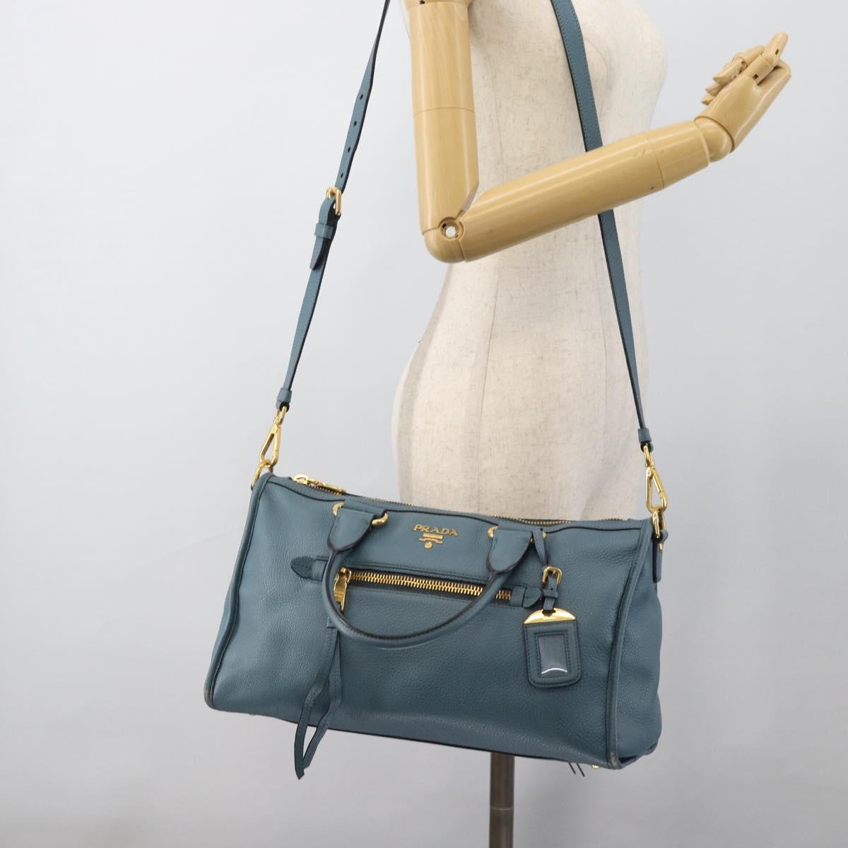 PRADA Hand Bag Vittero Dino Leather 2way Blue Gold Auth 187263V