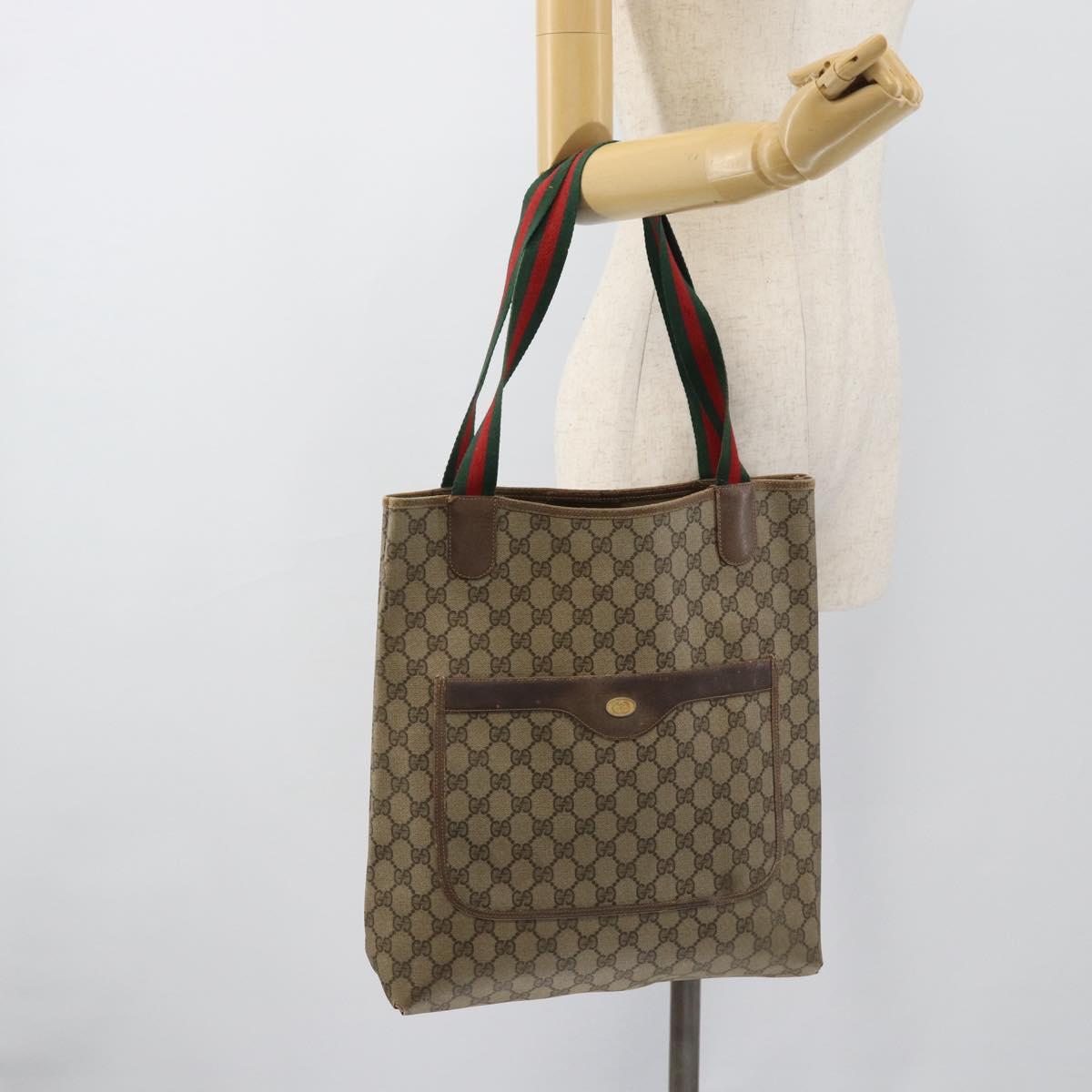 GUCCI GG Supreme Web Sherry Line Tote Bag PVC Beige Gold 378 02 003 Auth 187267