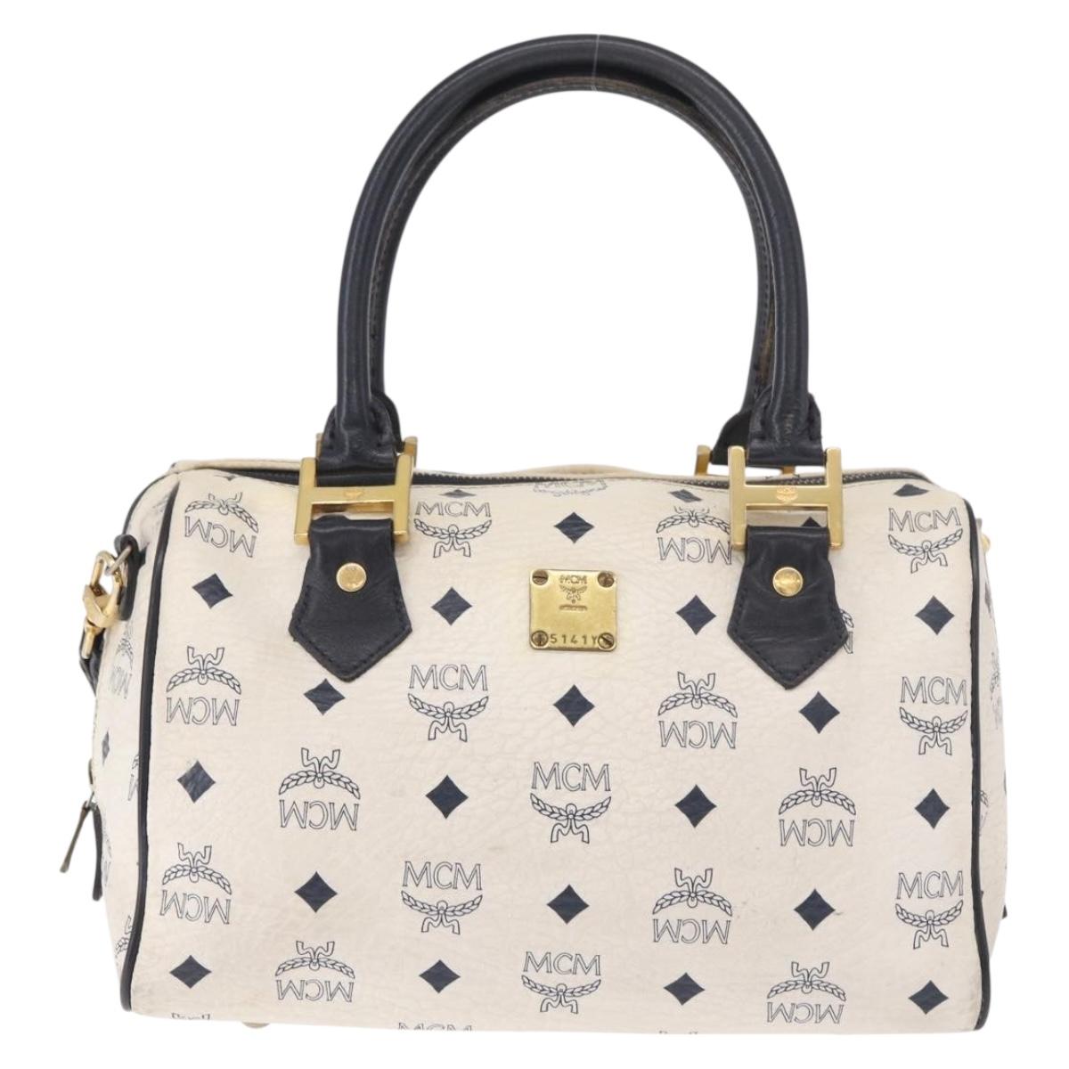 MCM Boston Bag PVC Leather 2way White Gold Auth 187279