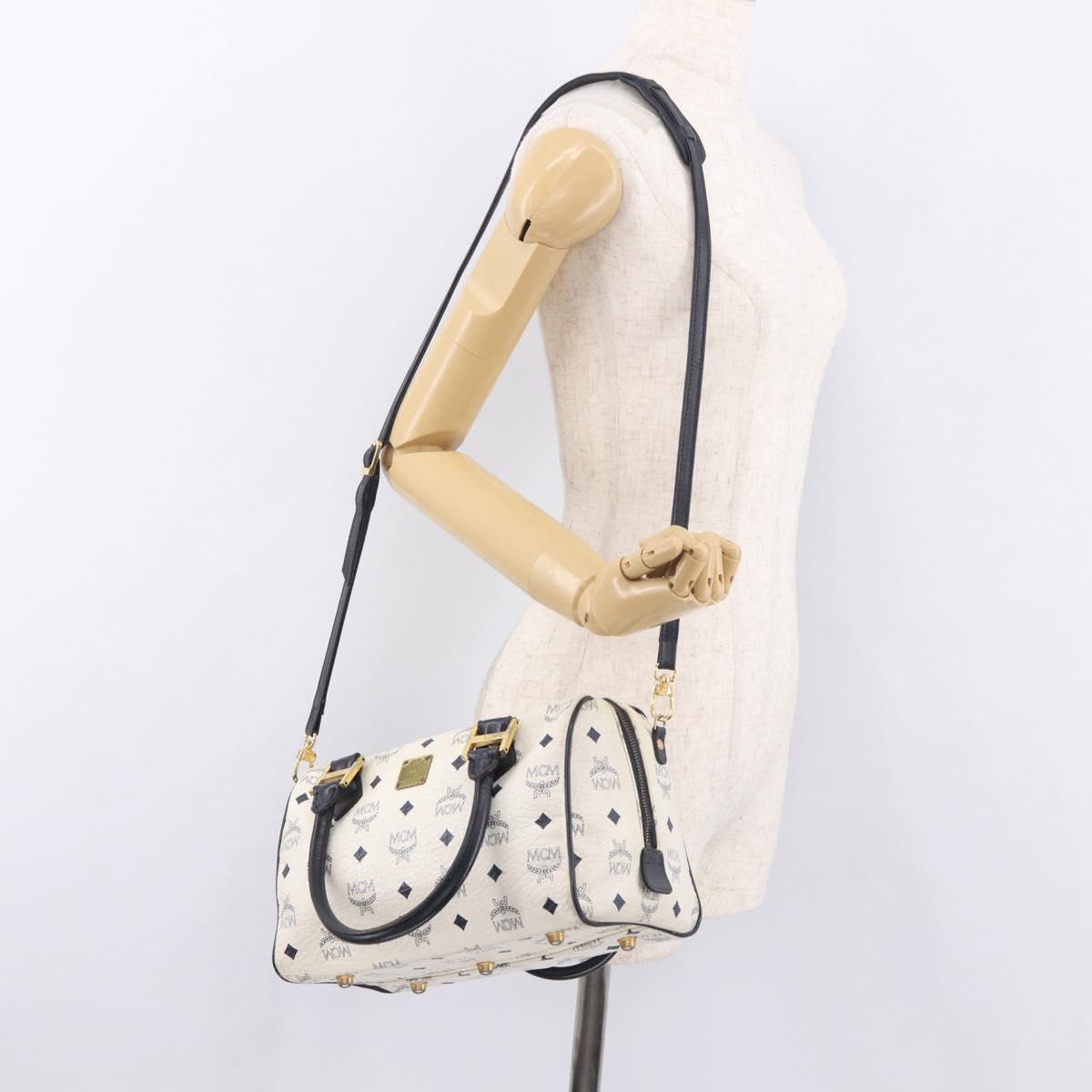 MCM Boston Bag PVC Leather 2way White Gold Auth 187279