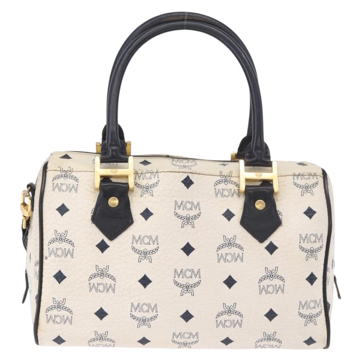 MCM Boston Bag PVC Leather 2way White Gold Auth 187279