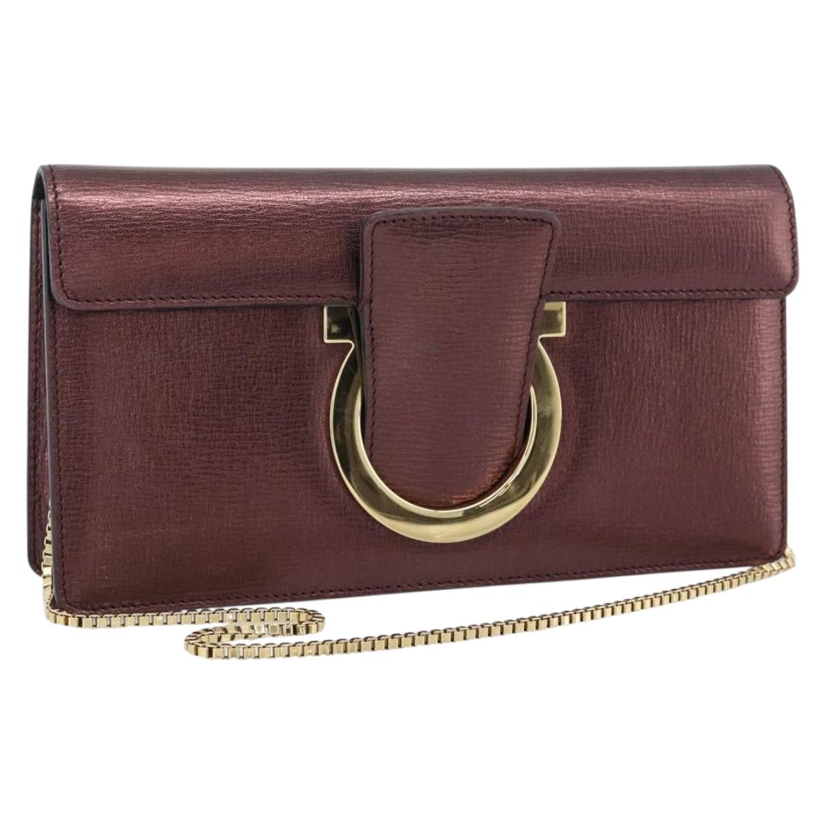 Salvatore Ferragamo Gancini Chain Shoulder Bag Leather Brown Gold Auth 187281V
