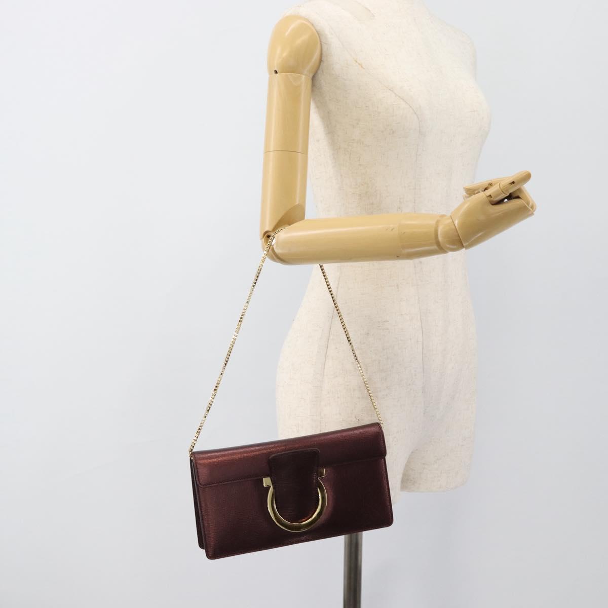 Salvatore Ferragamo Gancini Chain Shoulder Bag Leather Brown Gold Auth 187281V
