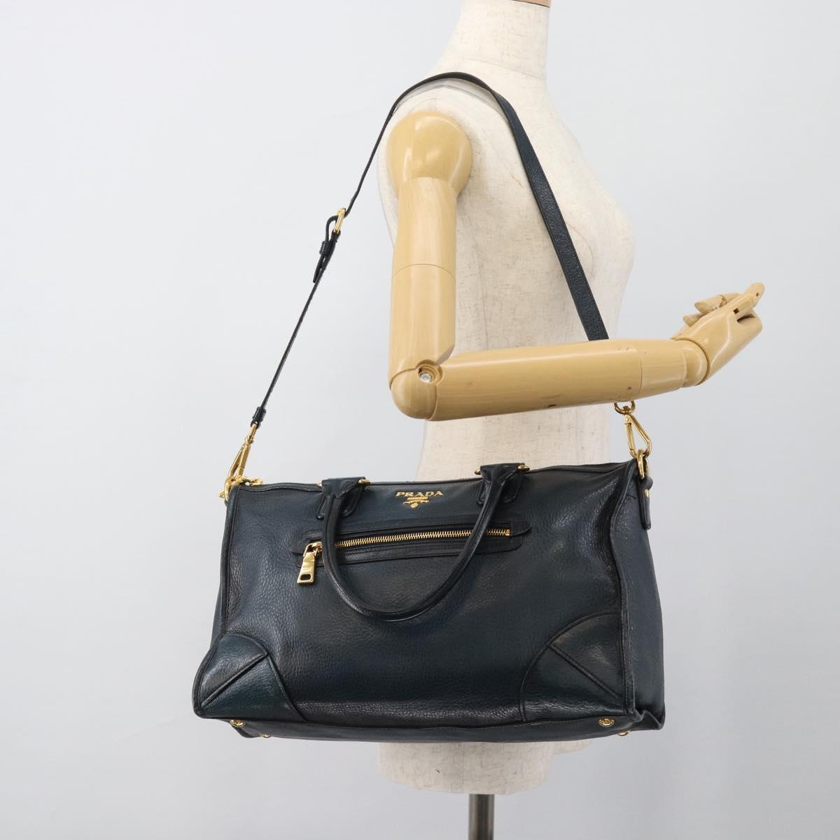 PRADA Hand Bag Leather 2way Blue Gold Auth 187288V