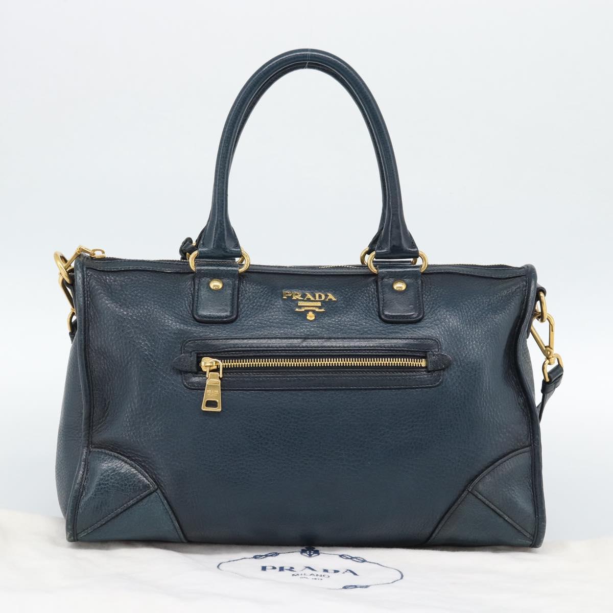 PRADA Hand Bag Leather 2way Blue Gold Auth 187288V