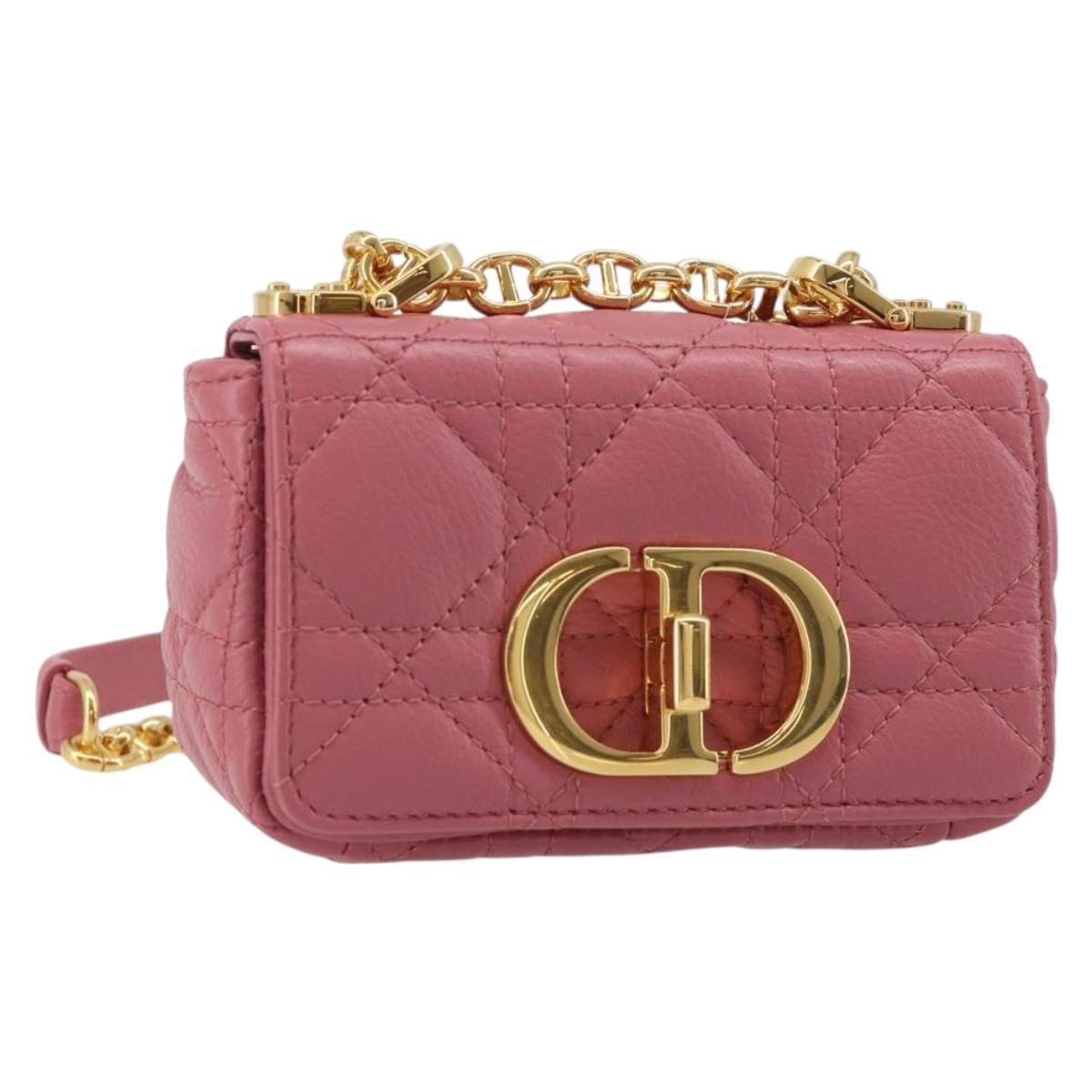 Christian Dior Chain Caro Canage Shoulder Bag Lamb Skin Pink Gold Auth 187297SAM
