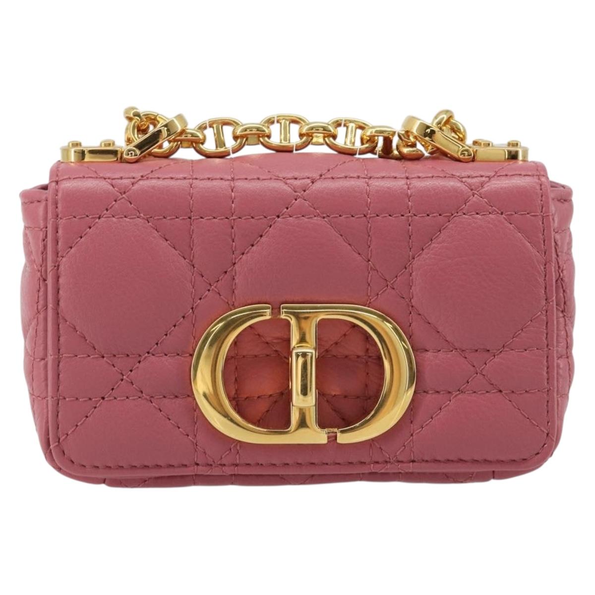 Christian Dior Chain Caro Canage Shoulder Bag Lamb Skin Pink Gold Auth 187297SAM