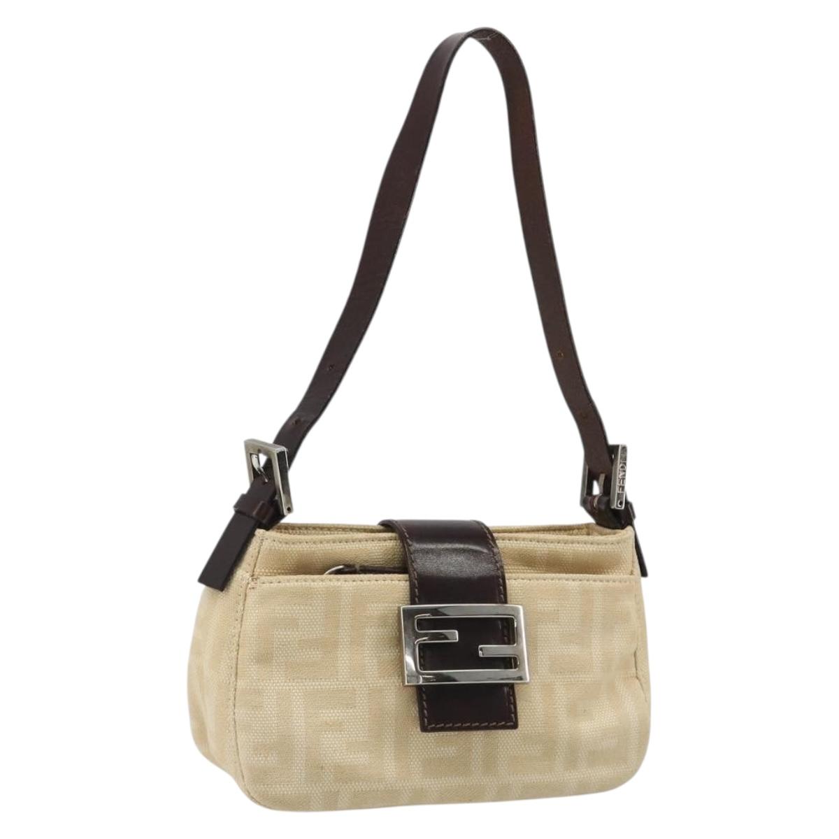 FENDI Zucca Canvas Mamma Baguette Shoulder Bag Beige Silver Auth 187318A