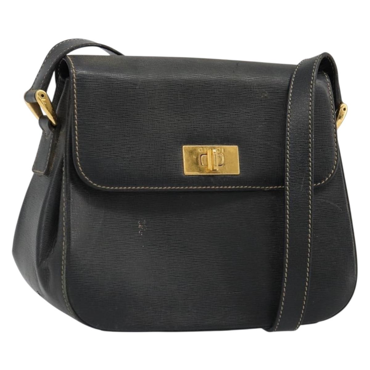 GUCCI Shoulder Bag Leather Black Gold Auth 187332