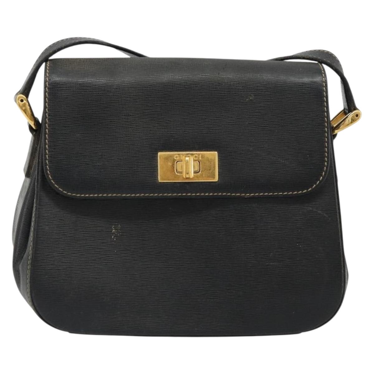 GUCCI Shoulder Bag Leather Black Gold Auth 187332