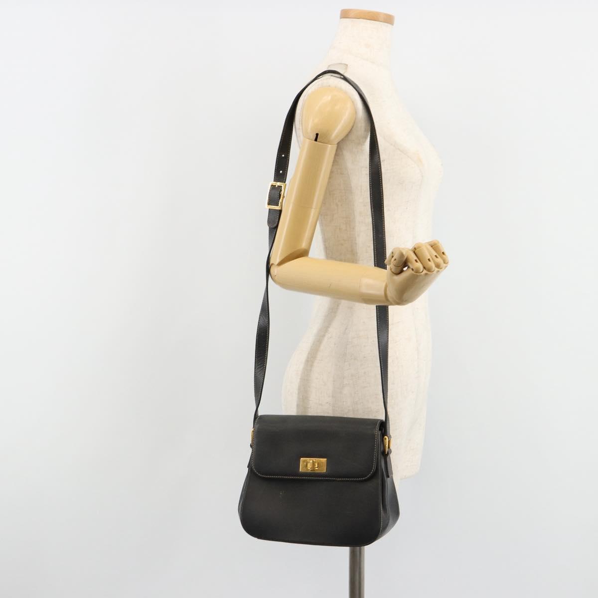 GUCCI Shoulder Bag Leather Black Gold Auth 187332