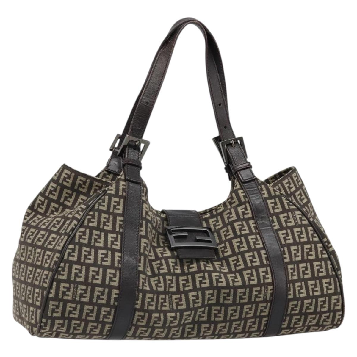 FENDI Zucchino Canvas Hand Bag Silver Brown Auth 187339A