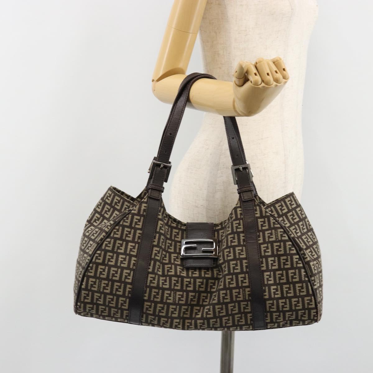 FENDI Zucchino Canvas Hand Bag Silver Brown Auth 187339A