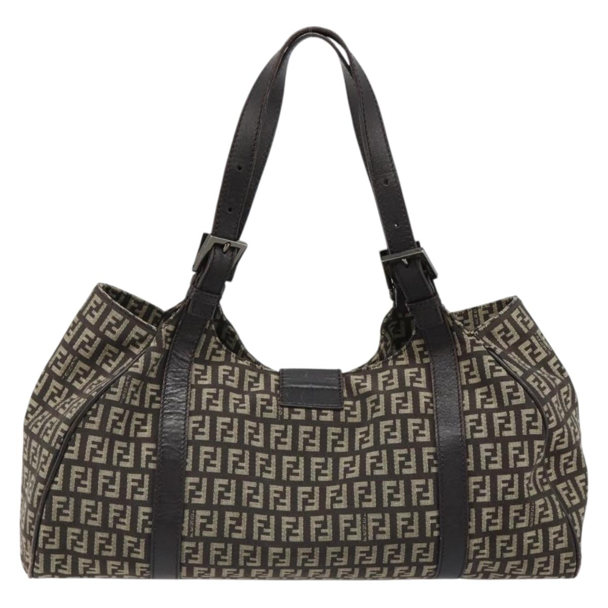 FENDI Zucchino Canvas Hand Bag Silver Brown Auth 187339A