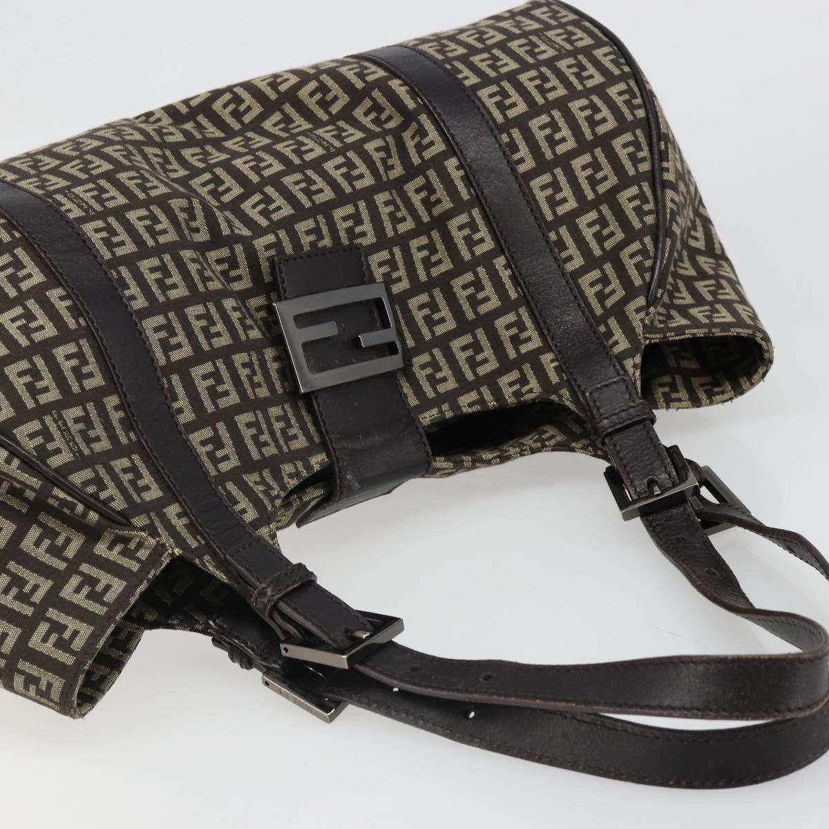 FENDI Zucchino Canvas Hand Bag Silver Brown Auth 187339A