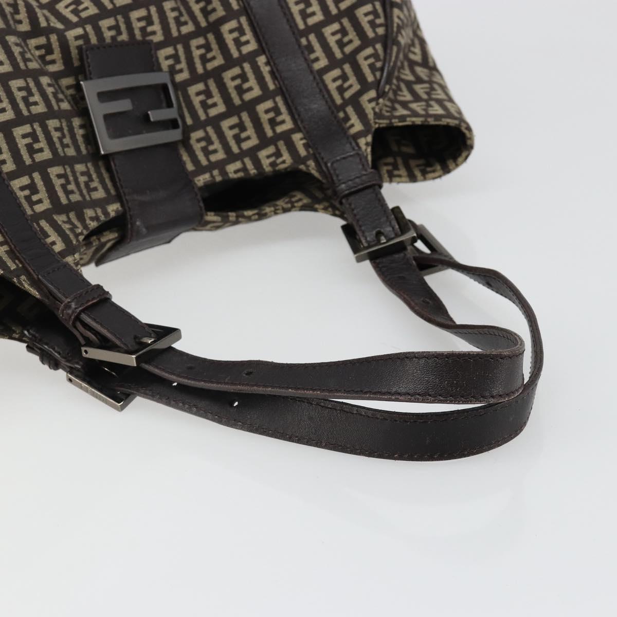 FENDI Zucchino Canvas Hand Bag Silver Brown Auth 187339A