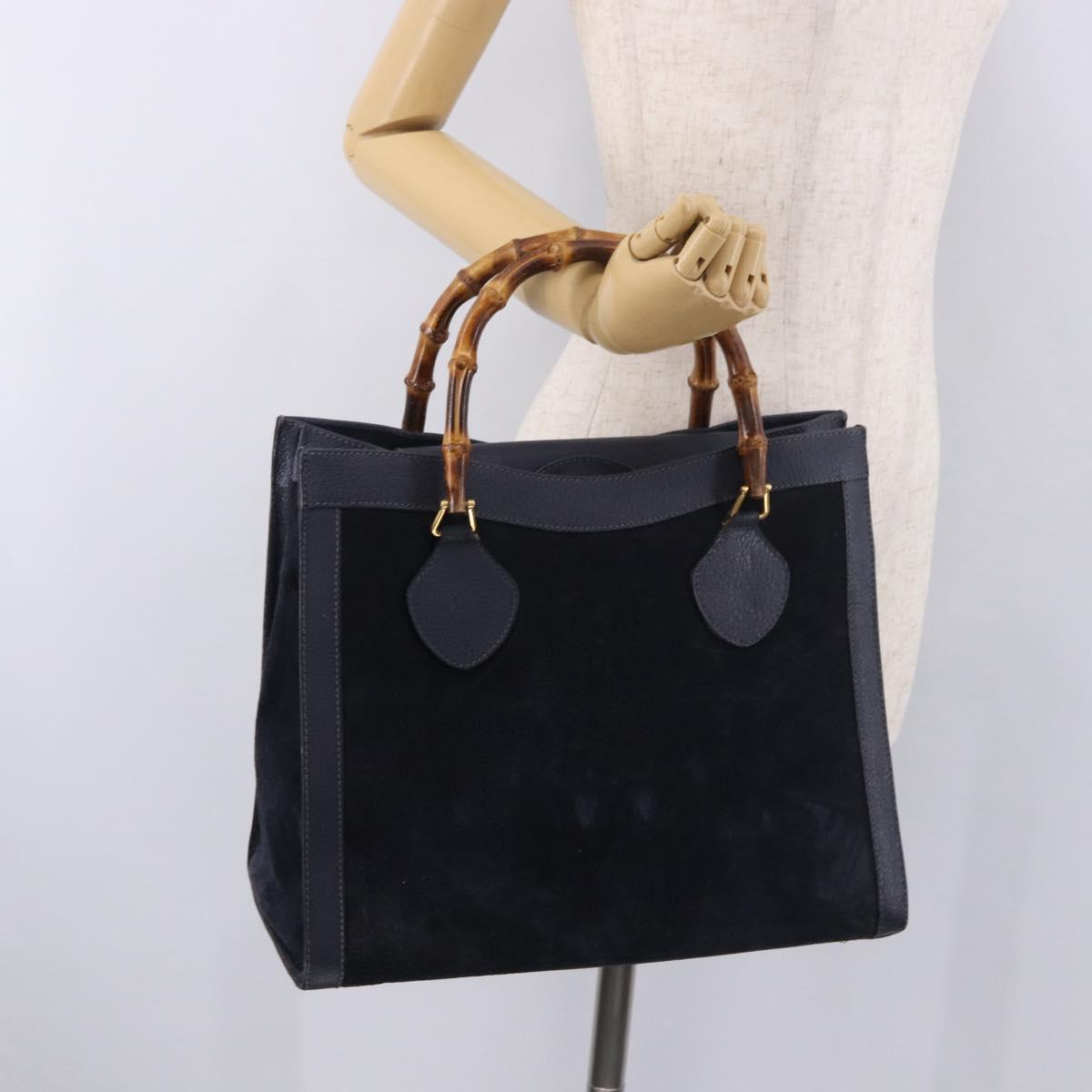 GUCCI Bamboo Hand Bag Suede Navy Gold 002 1096 0260 Auth 187352