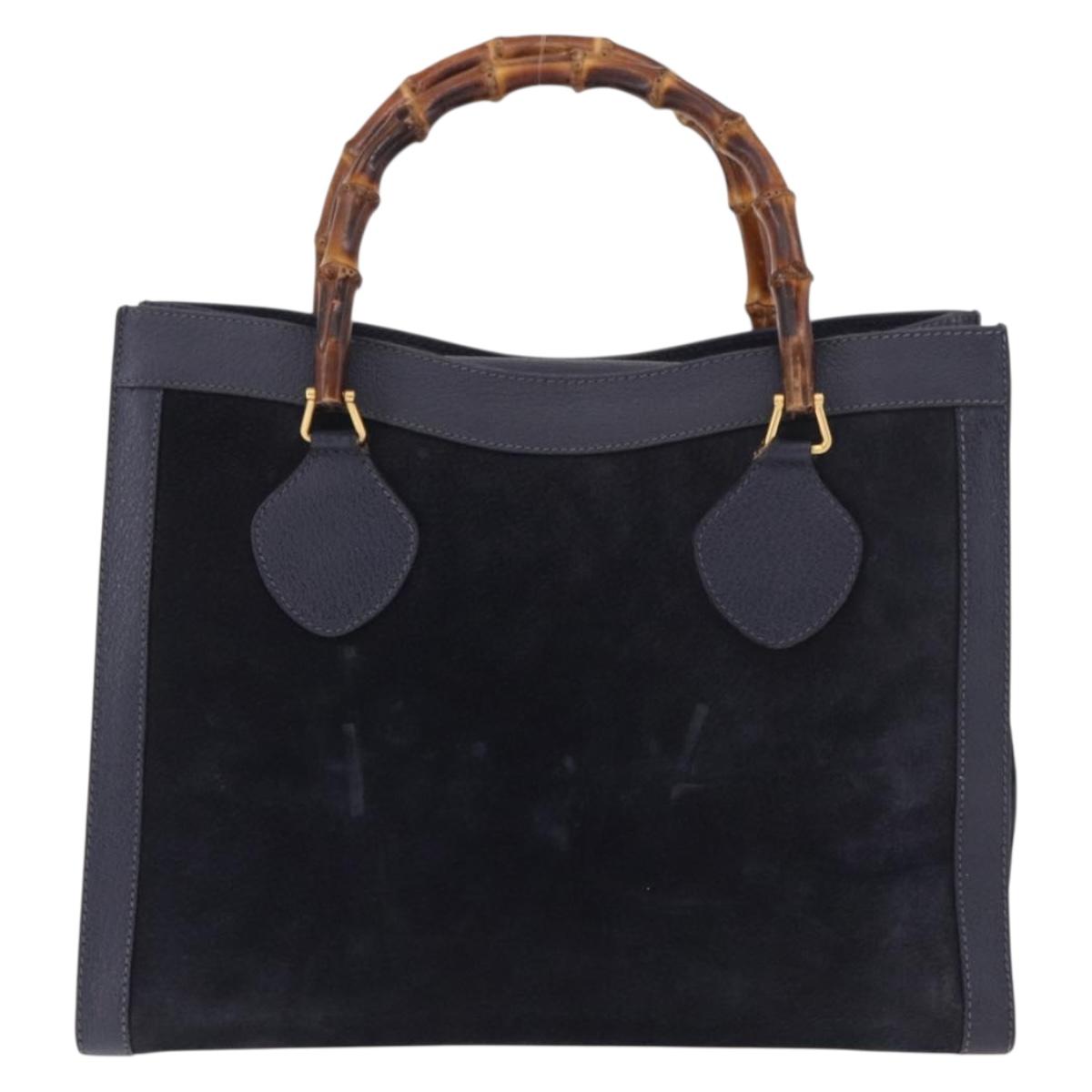 GUCCI Bamboo Hand Bag Suede Navy Gold 002 1096 0260 Auth 187352