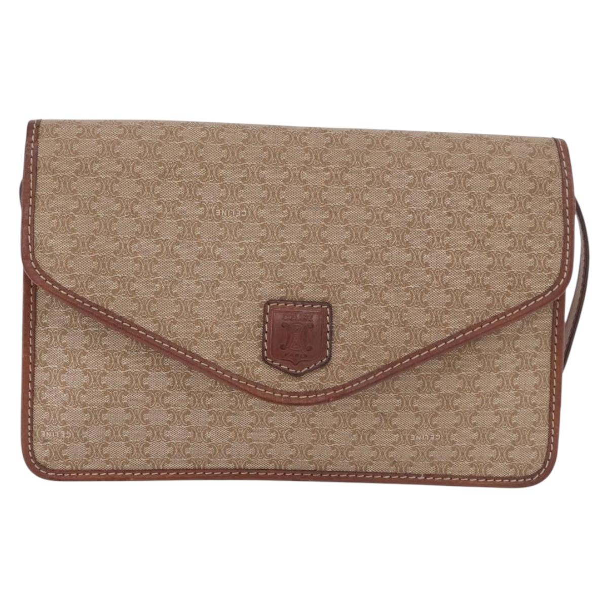 CELINE Macadam Canvas Shoulder Bag PVC Leather Beige Gold Auth 187364