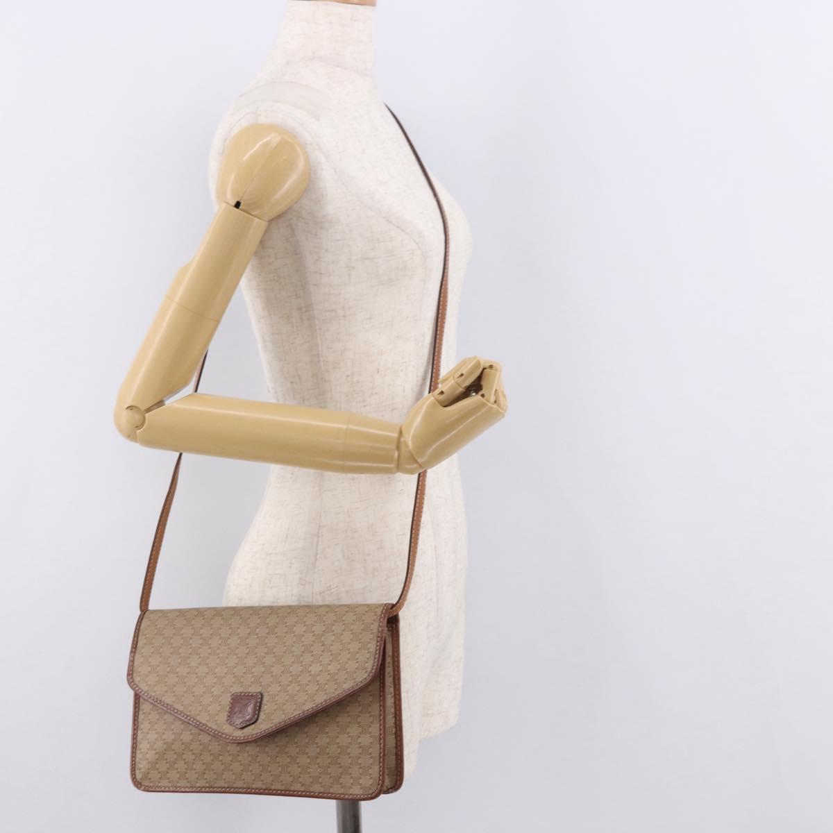 CELINE Macadam Canvas Shoulder Bag PVC Leather Beige Gold Auth 187364