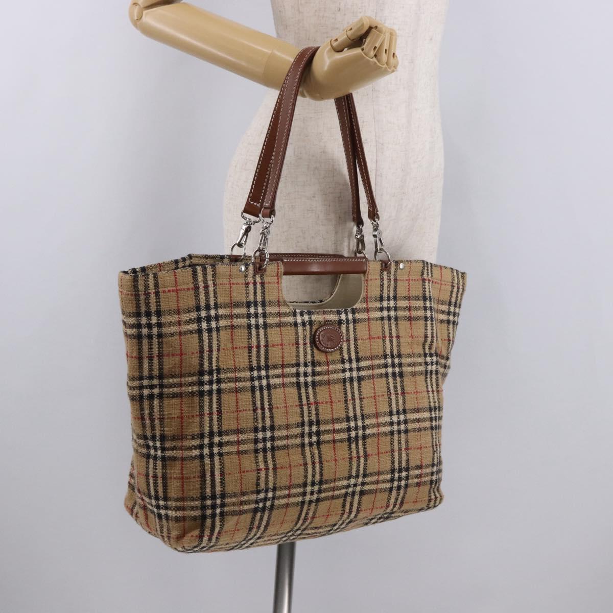 Burberrys Nova Check Tote Bag Canvas Beige Silver Auth 187365A