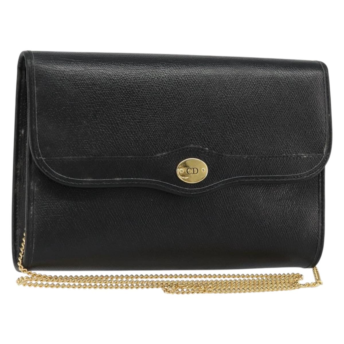 Christian Dior Chain Shoulder Bag Leather Black Gold Auth 187366