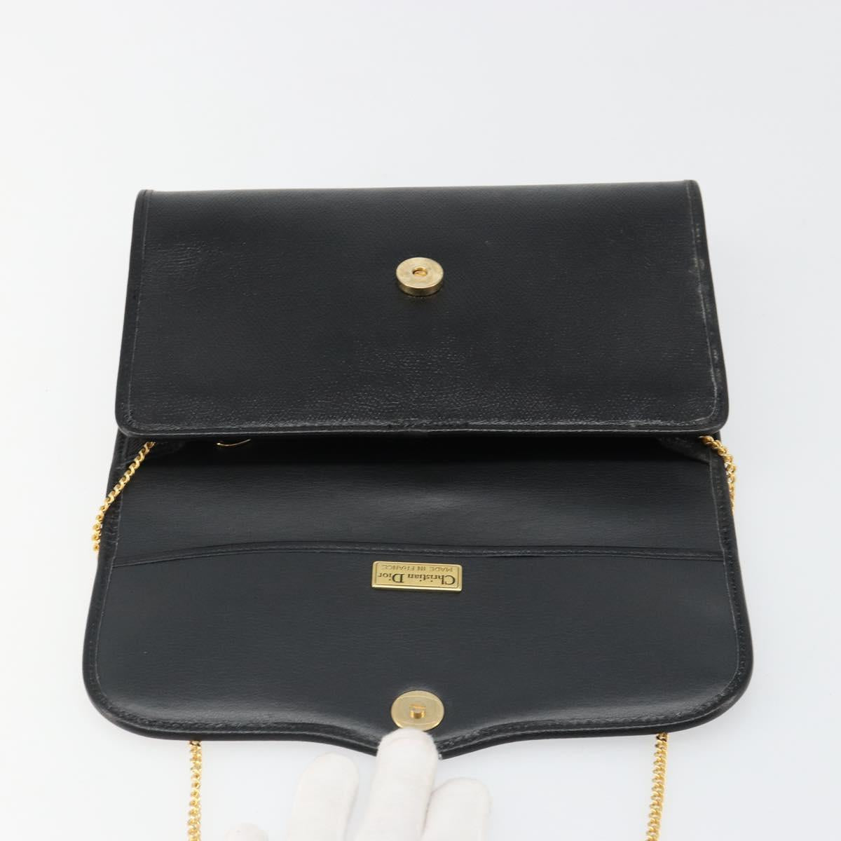 Christian Dior Chain Shoulder Bag Leather Black Gold Auth 187366