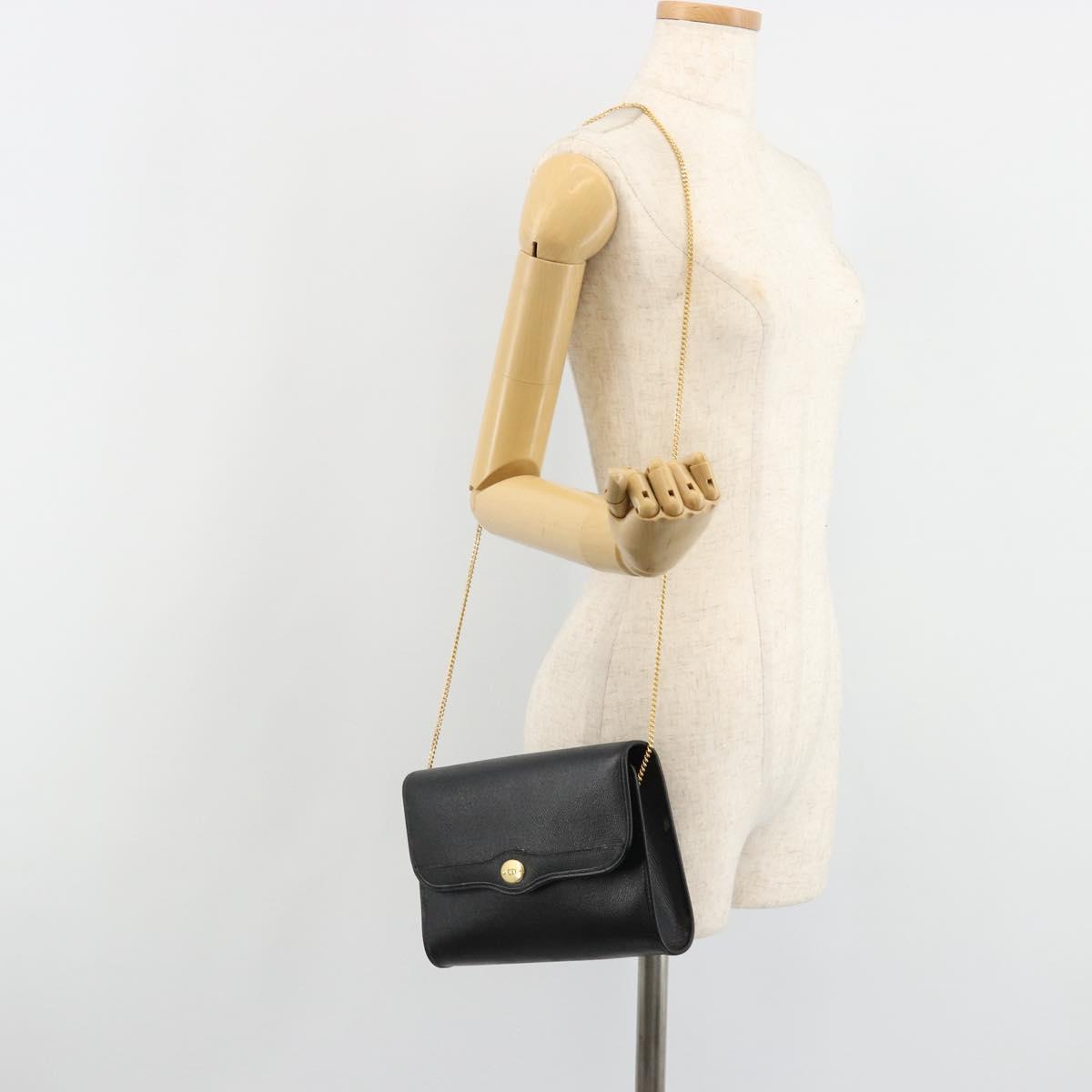 Christian Dior Chain Shoulder Bag Leather Black Gold Auth 187366