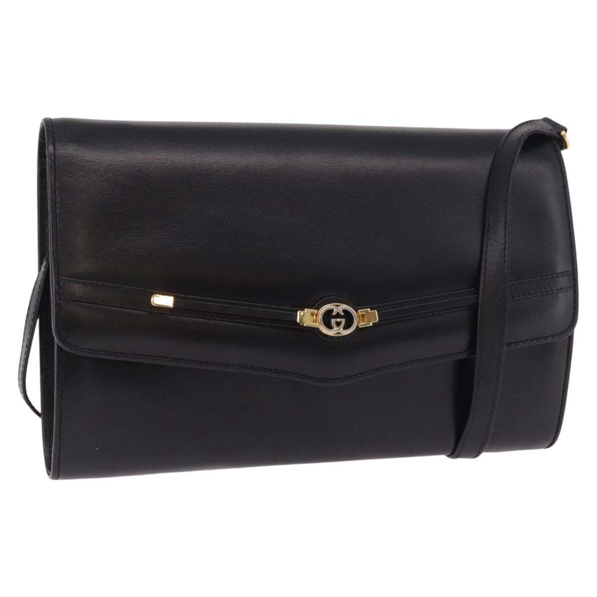 GUCCI Shoulder Bag Leather Black Gold Auth 187368