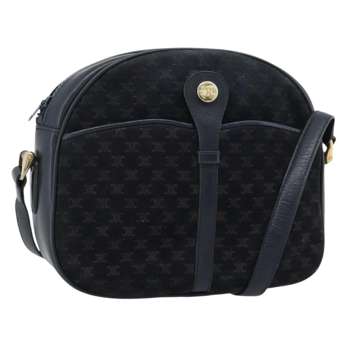CELINE Macadam Canvas Shoulder Bag Suede Leather Navy Gold Auth 187378