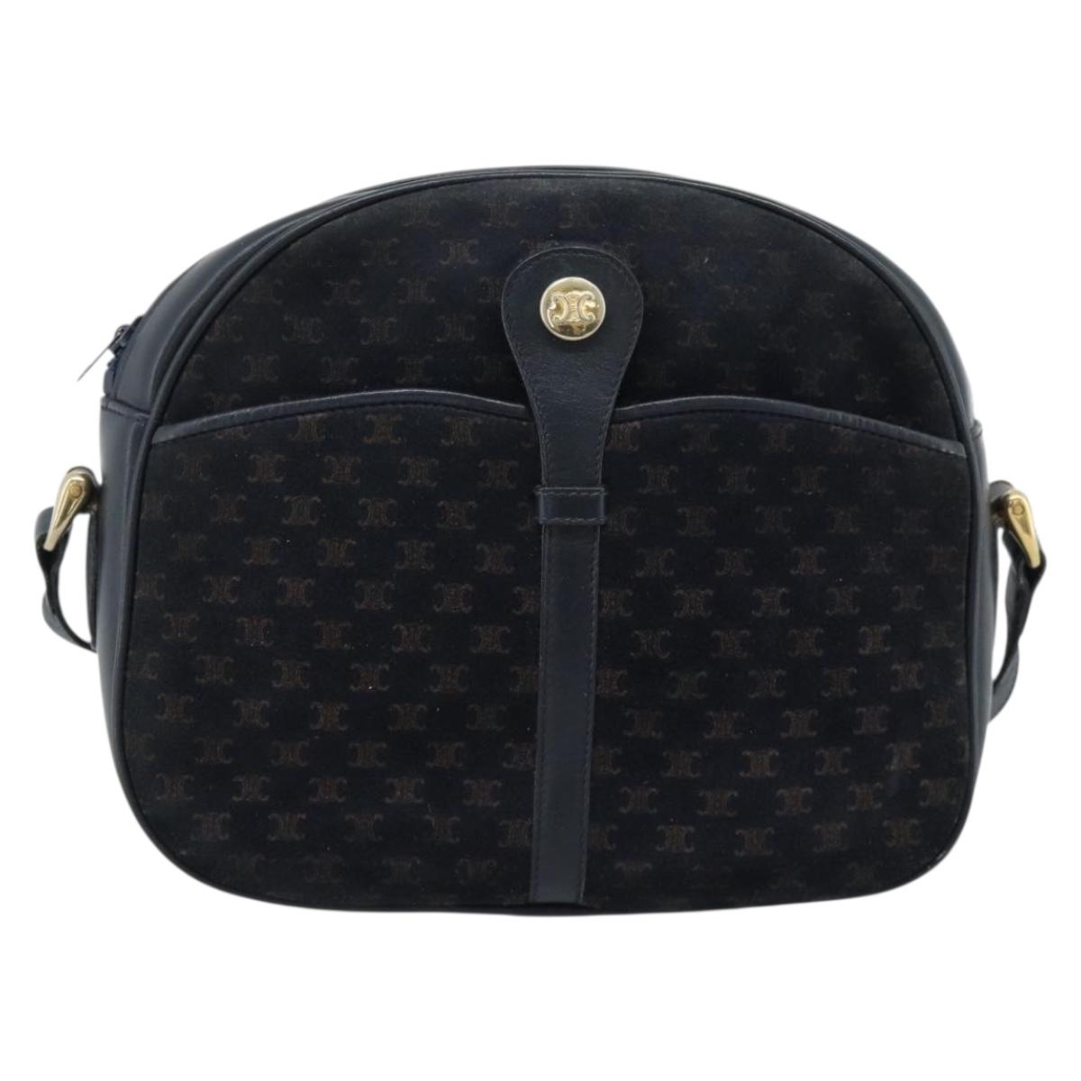 CELINE Macadam Canvas Shoulder Bag Suede Leather Navy Gold Auth 187378