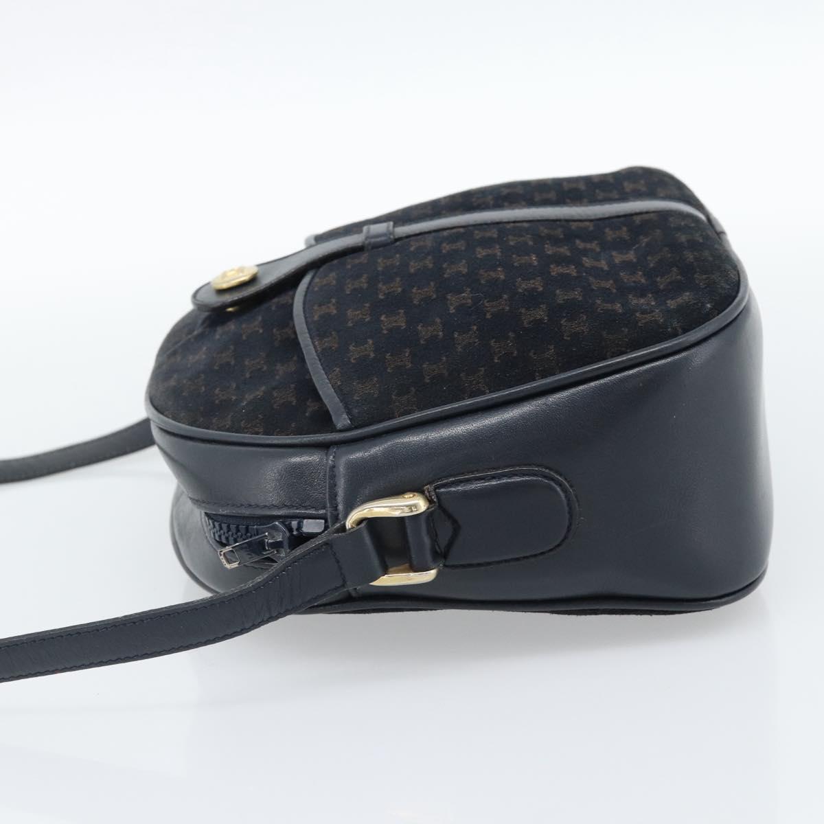 CELINE Macadam Canvas Shoulder Bag Suede Leather Navy Gold Auth 187378