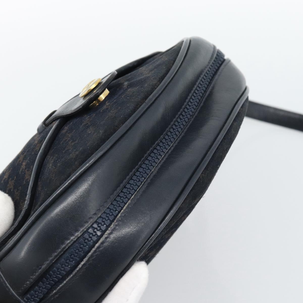 CELINE Macadam Canvas Shoulder Bag Suede Leather Navy Gold Auth 187378