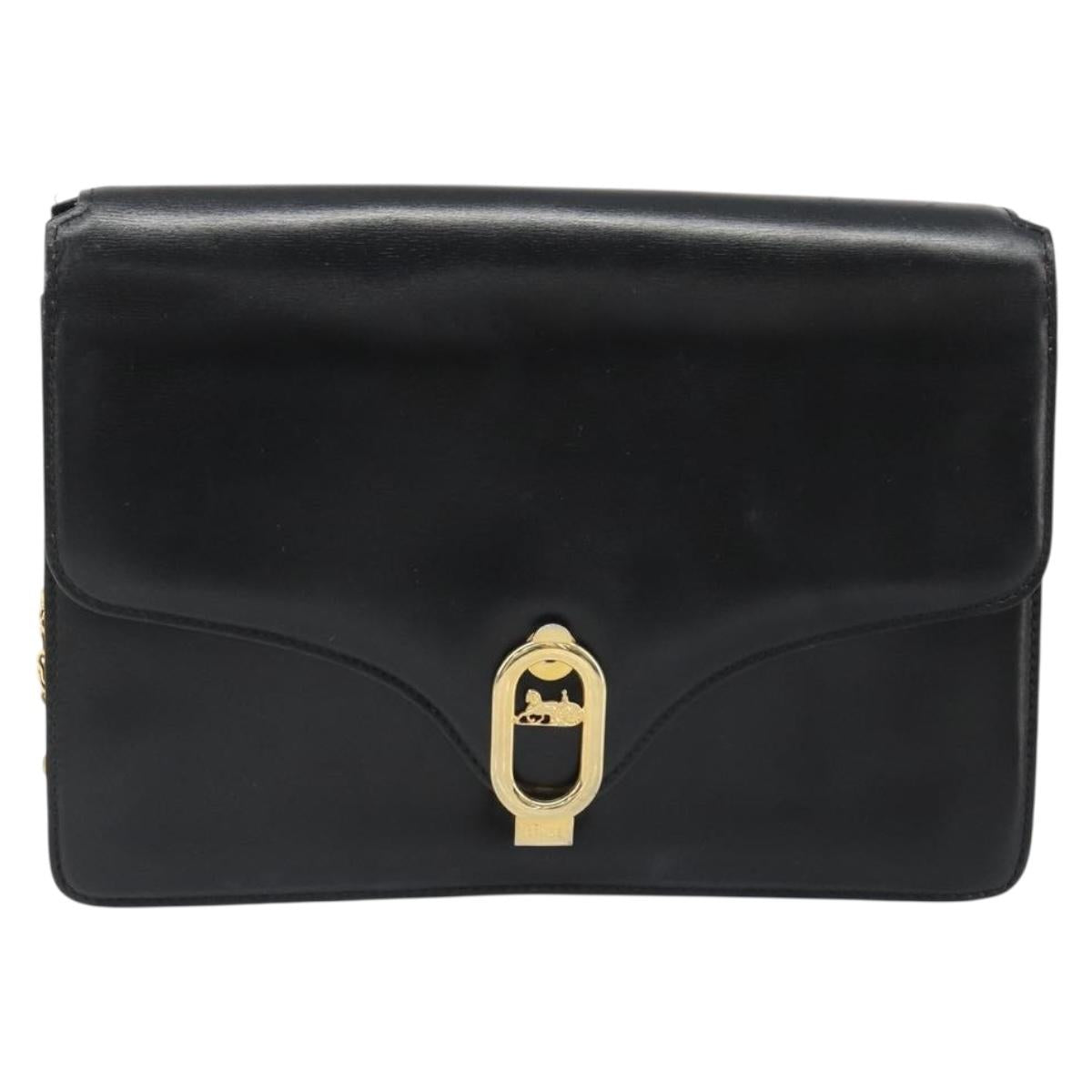 CELINE Chain Shoulder Bag Leather Black Gold Auth 187388